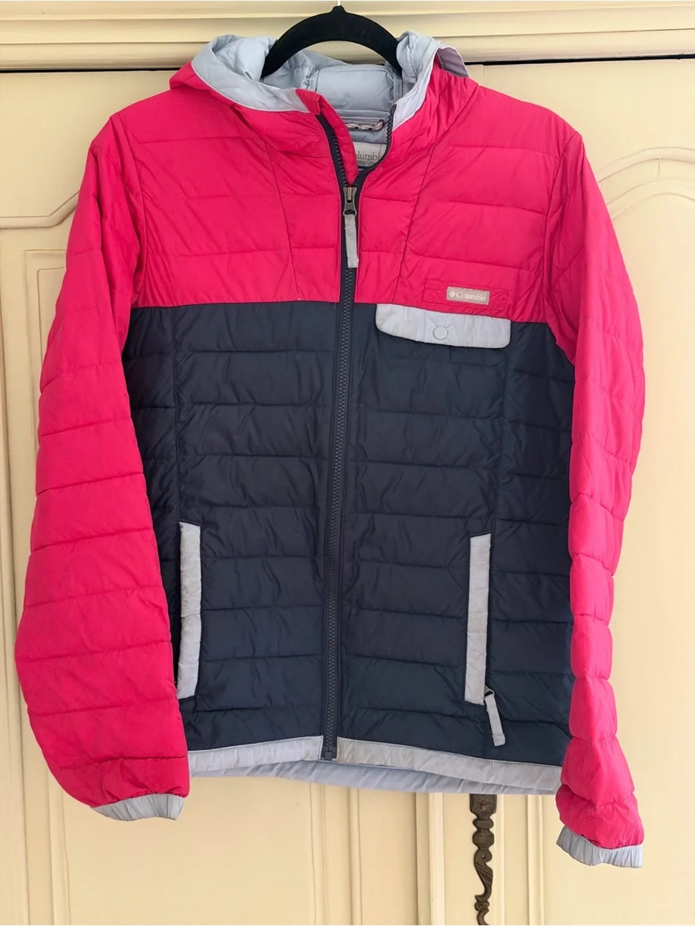 Columbia Pink and Navy Color block Kids Puffer Jacket with hoodie